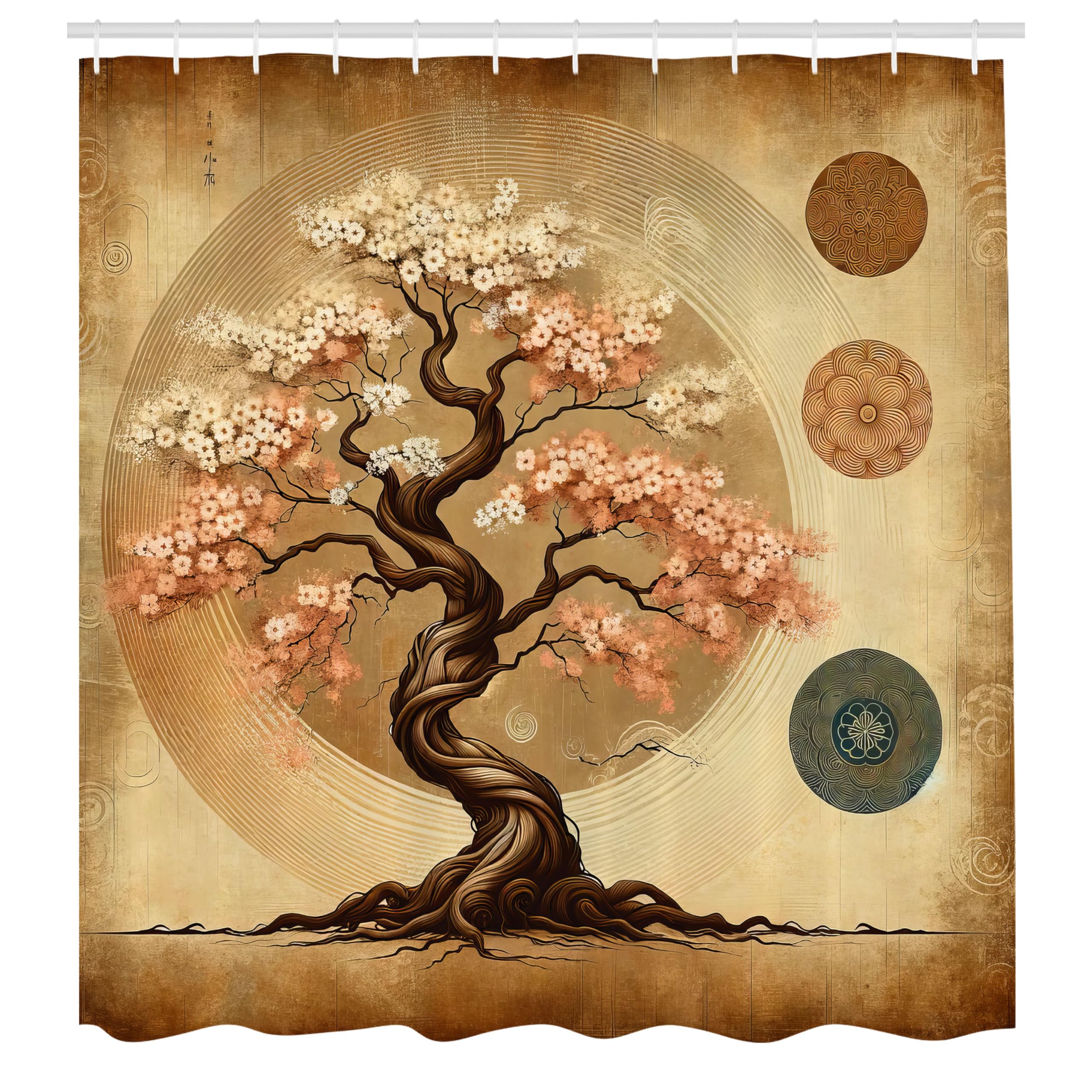 Ambesonne Brown Shower Curtain, Ethnic Weathered Style Spring Tree Japanese Garden Rustic Folkloric Motif, Cloth Fabric Bathroom